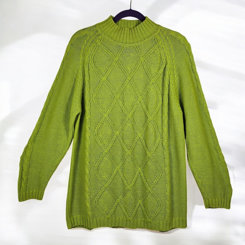 Vintage‎ Casual Corner Sweater Women Large Green Diamond Knit Mock Neck Pullover